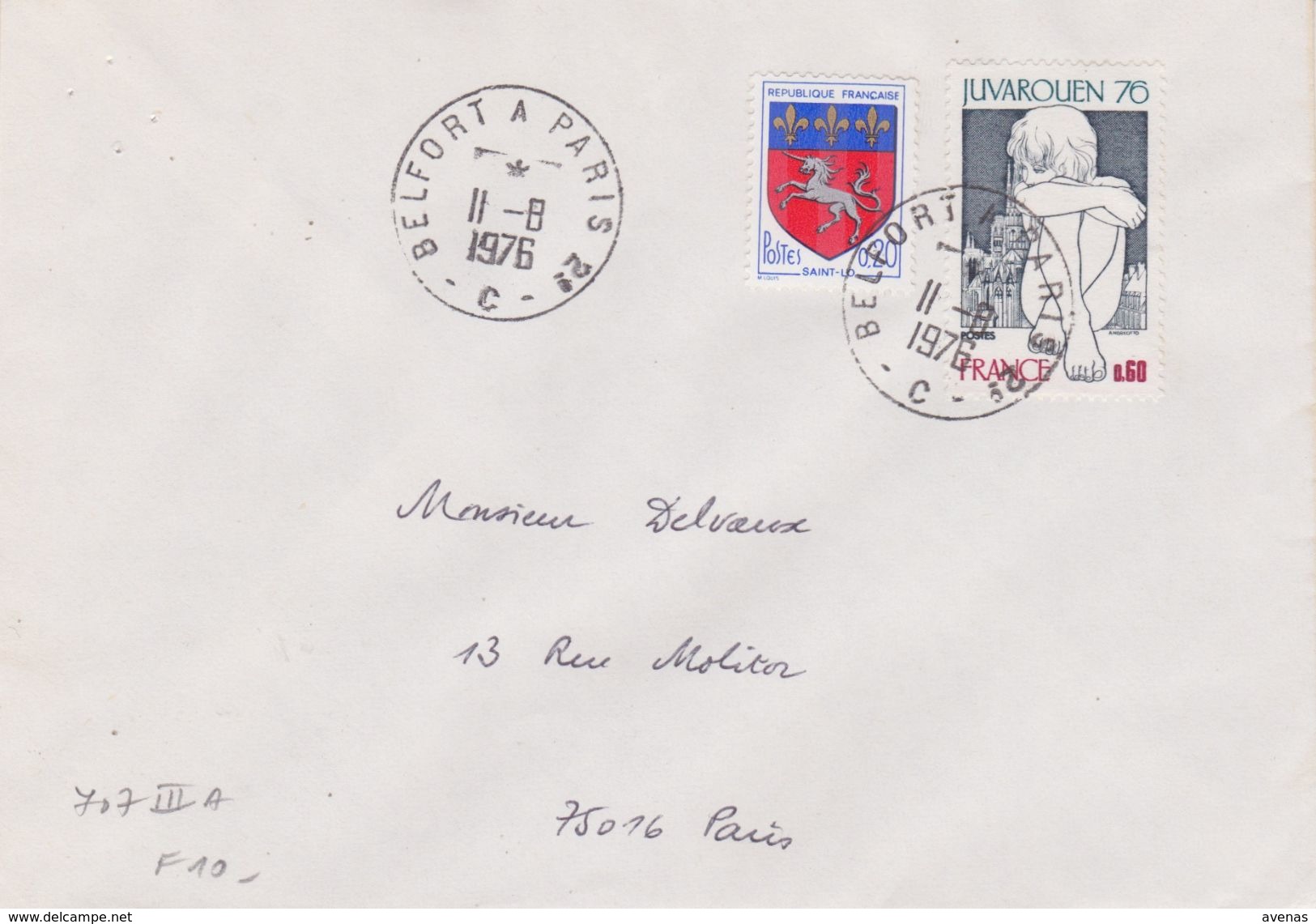 Lettre 1976 Oblitération Type Plastique Ambulant BELFORT A PARIS 2° Brigade C Sur Blason St Lo - Poste Ferroviaire