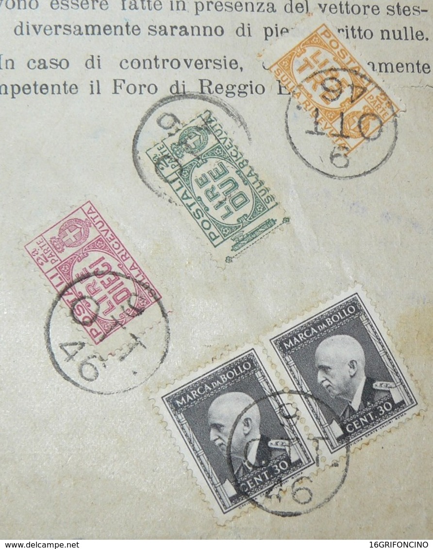 9.10.1946.. BOLLETTA DI CONSEGNA + USO TARDIVO MARCHE  PACCHI POSTALI..LIRE 2 - 3 - 10 + 2 MARCHE DA  30cent.ALTO VALORE - Pacchi Postali