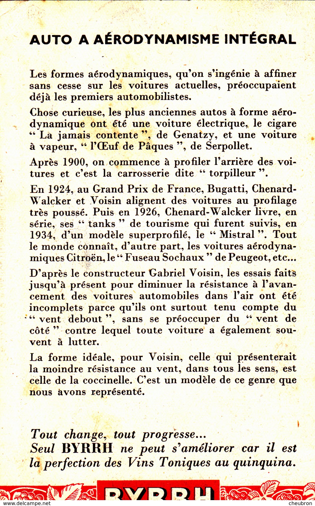 SCIENCES ET TECHNIQUE.  COLLECTION " REGARDS SUR L'AVENIR " : AUTO A AÉRODYNAMISME INTEGRAL. PUBLICITE BYRRH - Autres & Non Classés