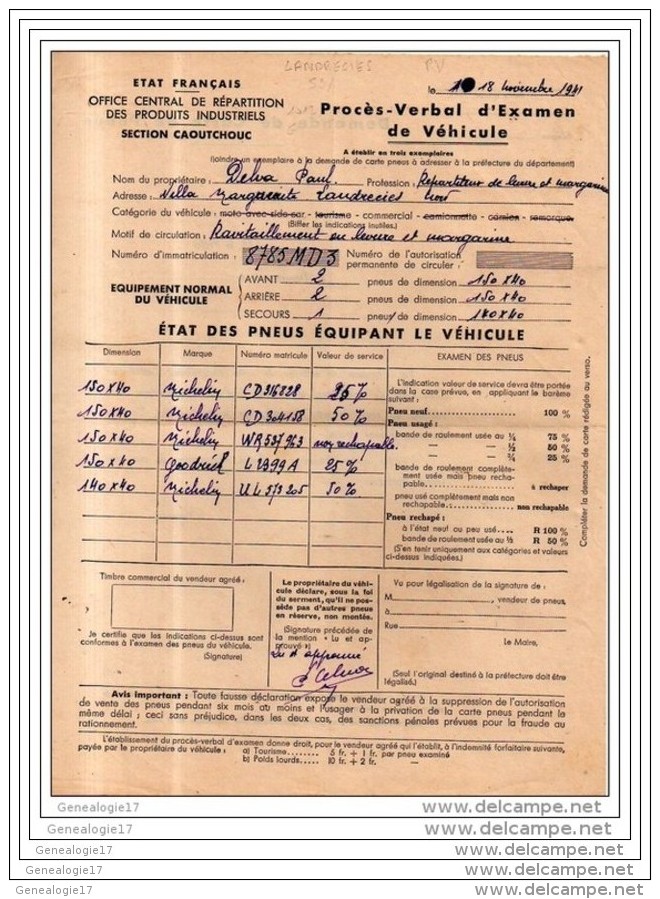 59 1231 LANDRECIES NORD 1941 Proces Verbal Examen De Voiture Section Caoutchouc Âˆ DELVA Paul Villa Marguerite - Alimentaire