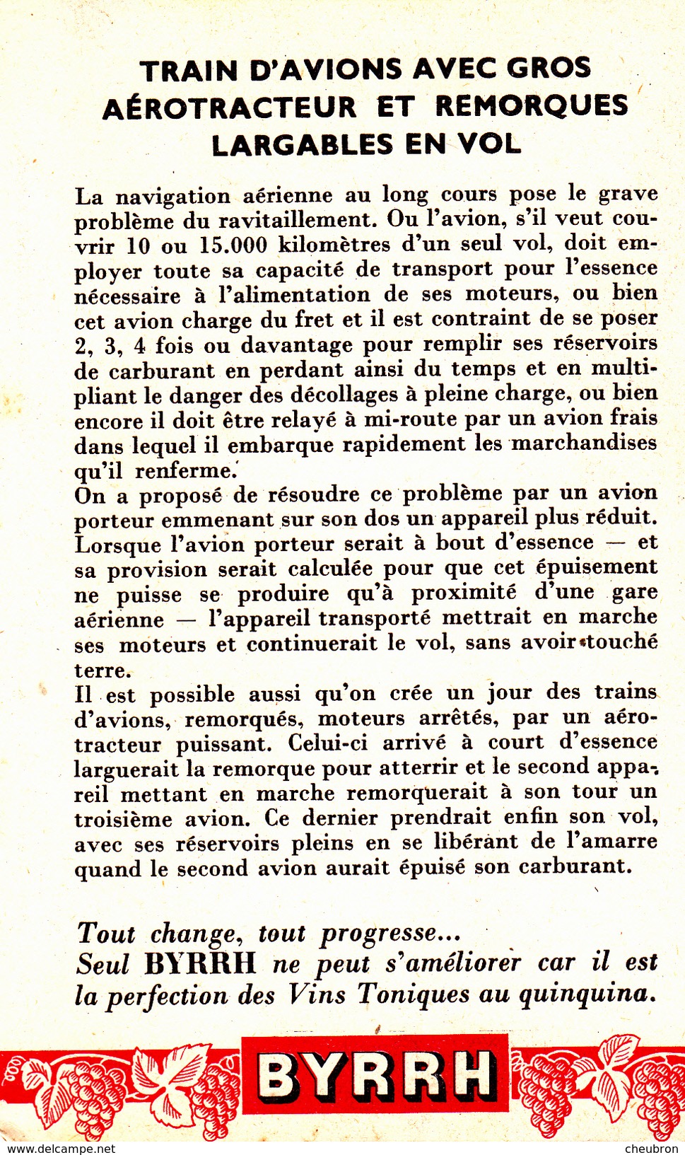 SCIENCES ET TECHNIQUE.COLLECTION " REGARDS SUR L'AVENIR " : TRAINS D'AVIONS AVEC GROS AEROTRACTEUR. PUBLICITÉ BYRRH.. - Altri & Non Classificati