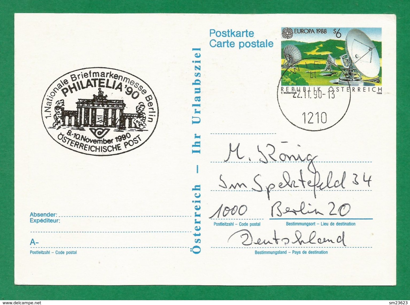 Österreich  1988  Mi.Nr. 1922 , EUROPA CEPT Transport- Und Kommunikationsmittel - Ganzsache  Stempel 22.11.90 - 1988