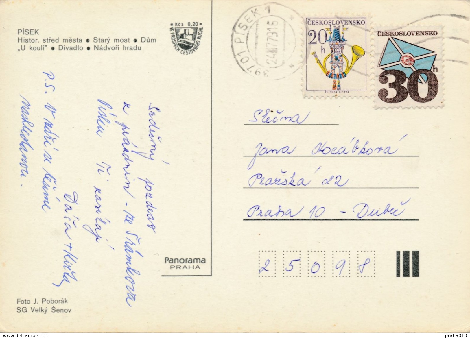 M0761 - Czechoslovakia (1979) 397 01 Pisek 1 (postcard: City Pisek); Tariff: 50h (stamp: 20h + 30h - New Tariff!) - Briefe U. Dokumente