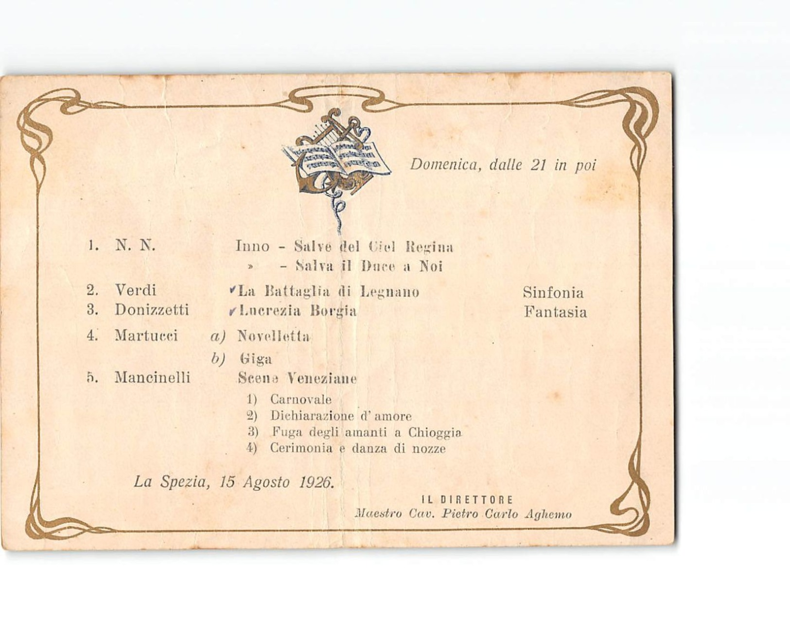 15661 CORPO REALE EQUIPAGGI PROGRAMMA MUSICALE - LA SPEZIA 1926 - Programmi