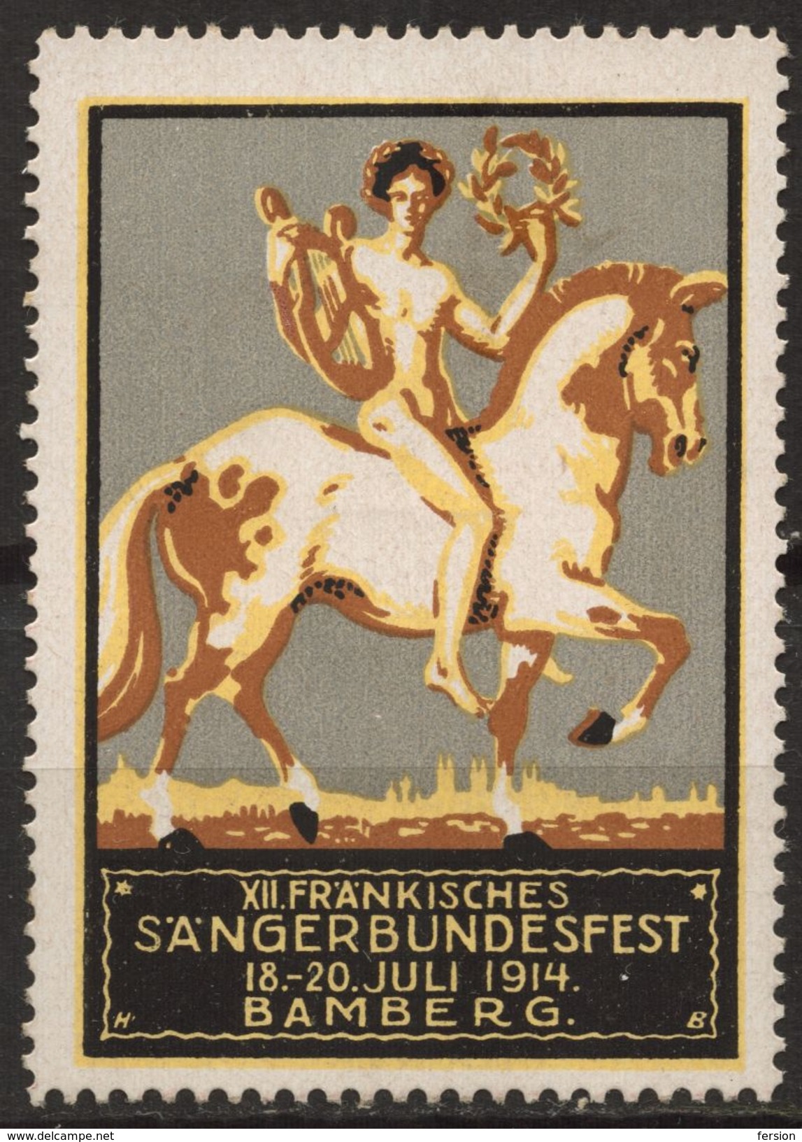 Lute Lyre Instrument HORSE Fränkisches Sängerbundfest MUSIC SINGING Festival Vignette Label Cinderella Germany Bamberg - Pferde