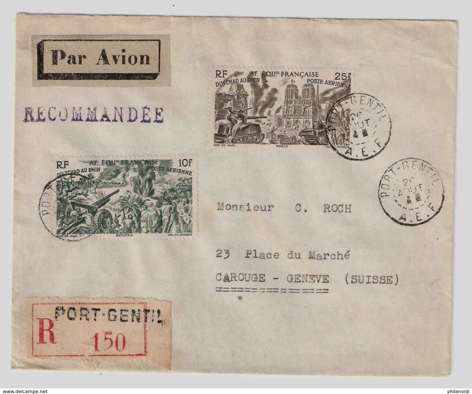 AFRIQUE EQUATORIALE FRANCAISE PORT-GENTIL 1946 DU TCHAD AU RHIN Poste Aérienne Lettre Recommandée  Pour Suisse - Covers & Documents