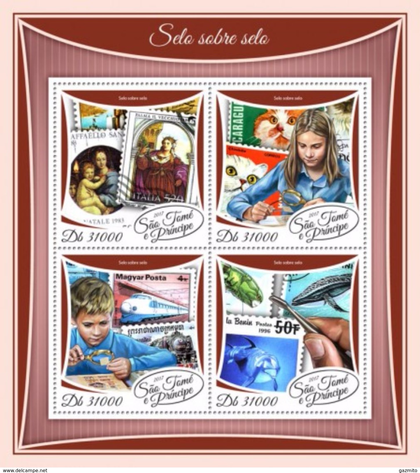 S. Tomè 2017, Stamp On Stamp, Christmas, Cat, Train, Fishes, 4val In BF - Hauskatzen