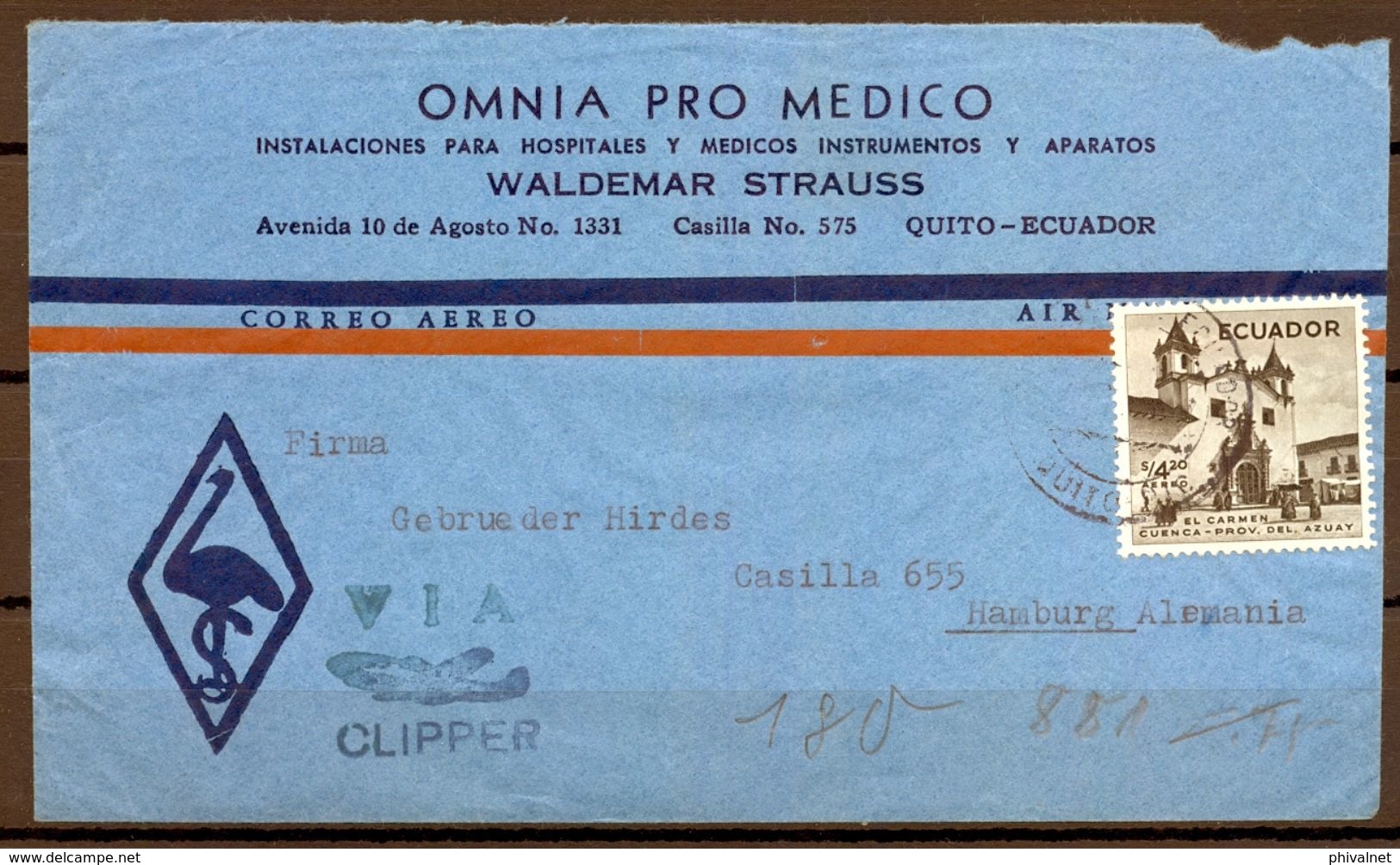 ECUADOR , SOBRE COMERCIAL CIRCULADO ENTRE QUITO Y HAMBURGO , CORREO AÉREO VIA CLIPPER - Equateur