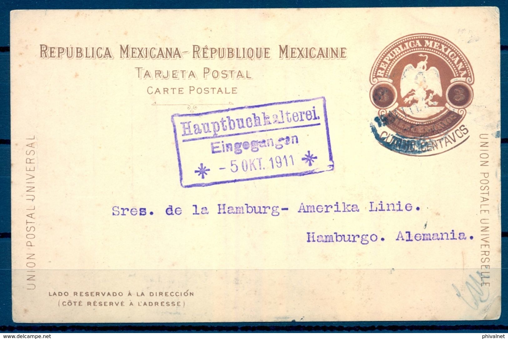MÉXICO , 1911 , ENTERO POSTAL CIRCULADO A HAMBURGO , AGENCIA COMERCIAL Y MARÍTIMA - Mexique