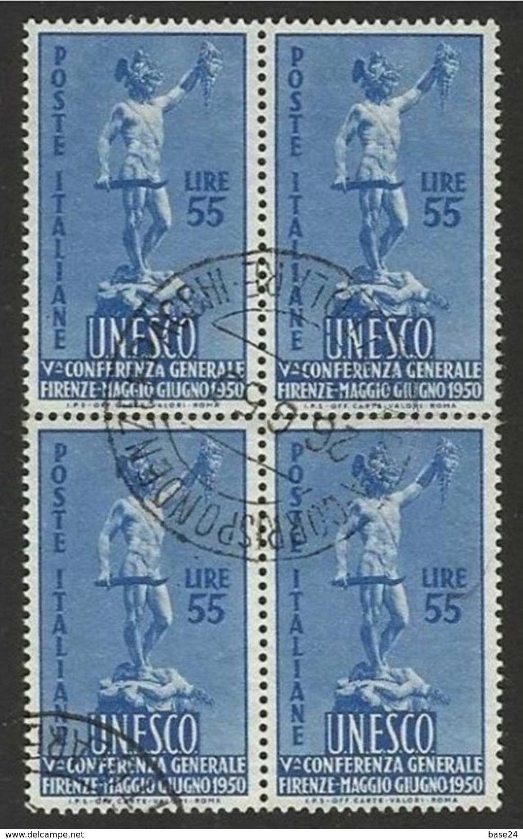 1950 Italia Italy Repubblica 55 Lire UNESCO In Quartina Usata U.N.E.S.C.O. Bl.4 - 1946-60: Usati