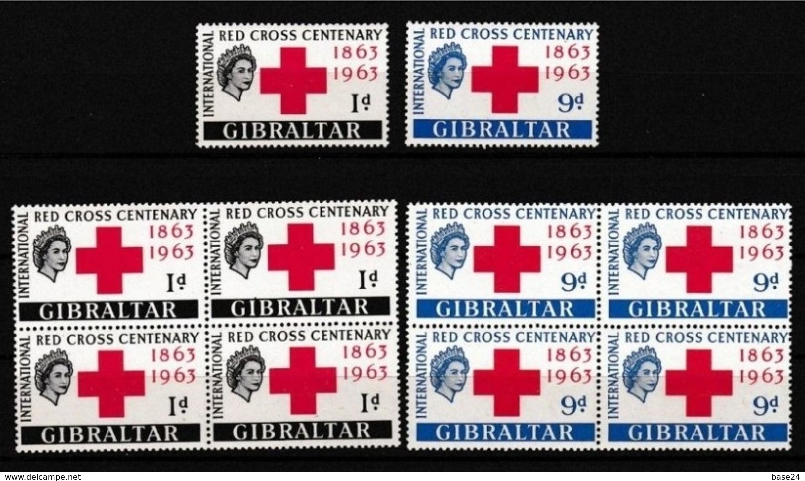 1963 Gibilterra Gibraltar CROCE ROSSA  RED CROSS 5 Serie Di 2v. (160/161) MNH** In Quartina + 1 - Gibilterra