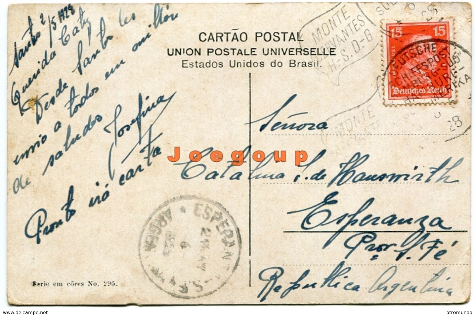 Postal Arrededores De Santos Brasil 1928 Selos Esperanza Argentina Barcos Monte Cervantes Y Hamburg Sud - São Paulo