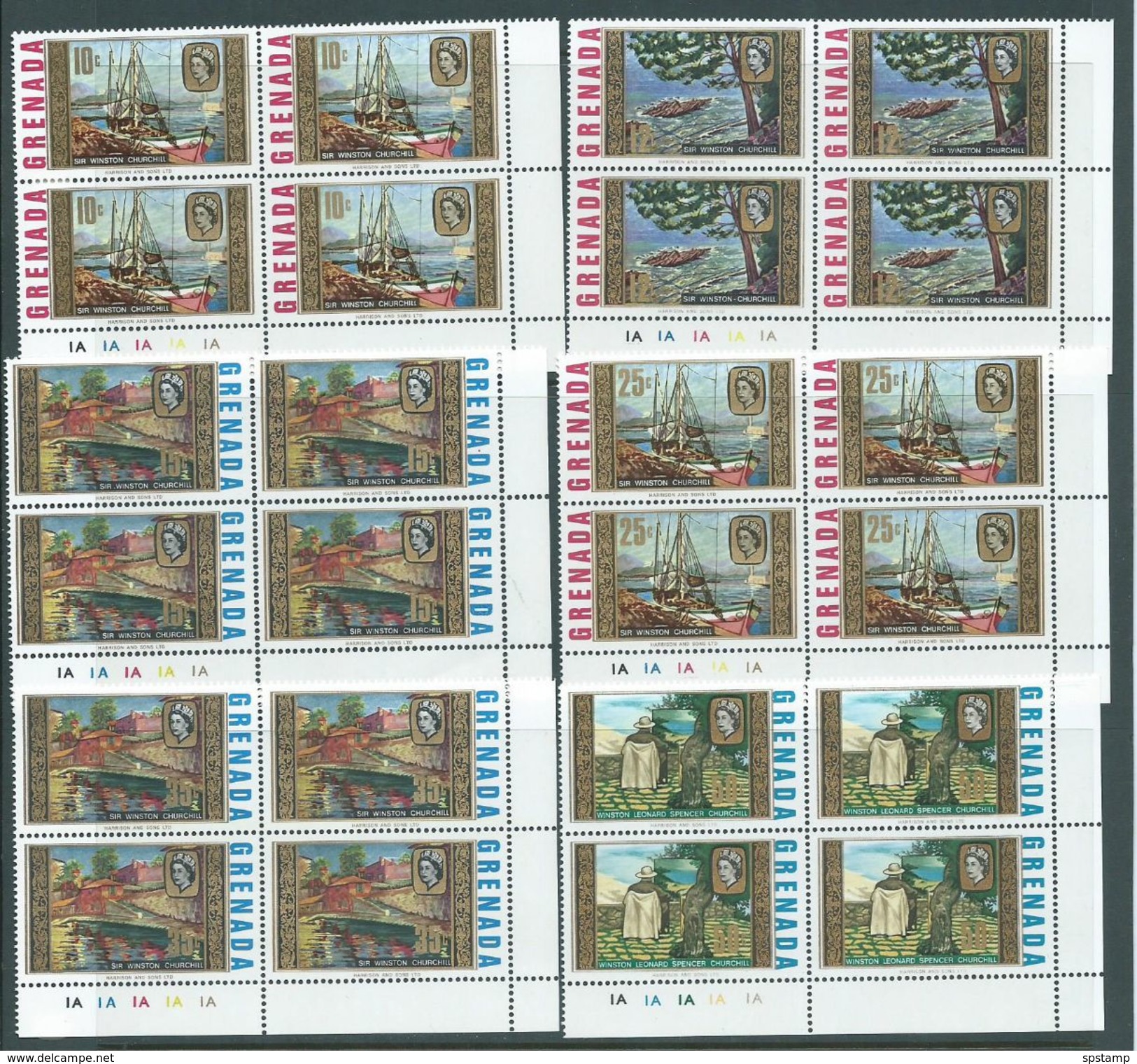 Grenada 1968 Churchill Paintings Set Of 6 MNH Plate Number Blocks Of 4 - Grenada (...-1974)