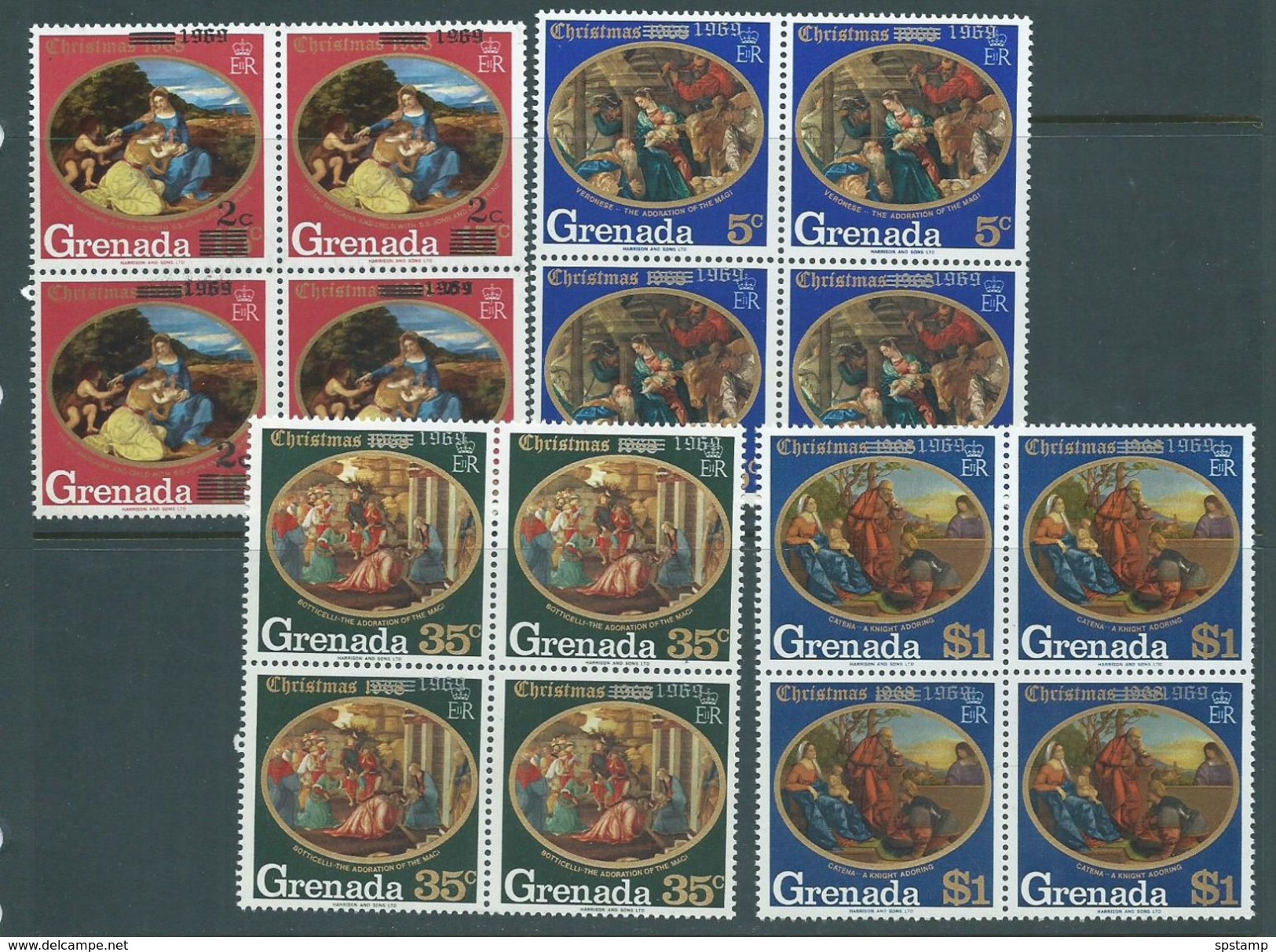 Grenada 1969 Christmas Overprint On 68 Paintings Set 4 MNH Blocks Of 4 - Grenada (...-1974)