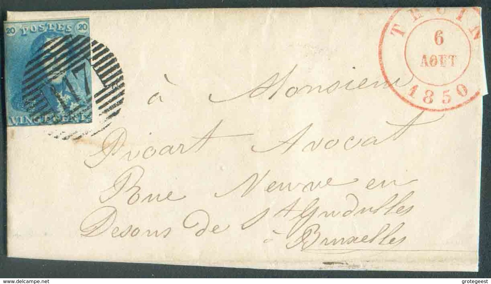 N°2 - Epaulette 20 Centimes Bleue, Touchée, Obl. P.117 S/L. De THUIN Le 6 Août 1850 Vers Bruxelles (facteur 2). Magnifiq - 1849 Schulterklappen