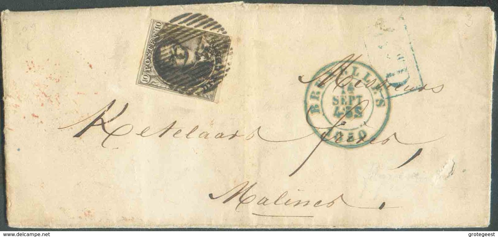 N°3 - Médaillon 10 Centimes Brun, Légèrement Touché à Droite Sinon Bien Margé, Obl. P.24 Sur Lettre De BRUXELLES Le 14 S - 1849-1850 Medaillen (3/5)