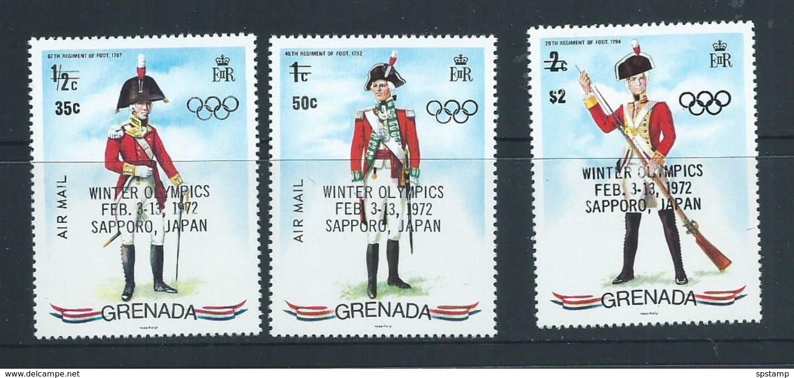 Grenada 1972 Sapporo Olympic Games Overprint On Military Uniform Set Of 3 MNH - Grenada (...-1974)