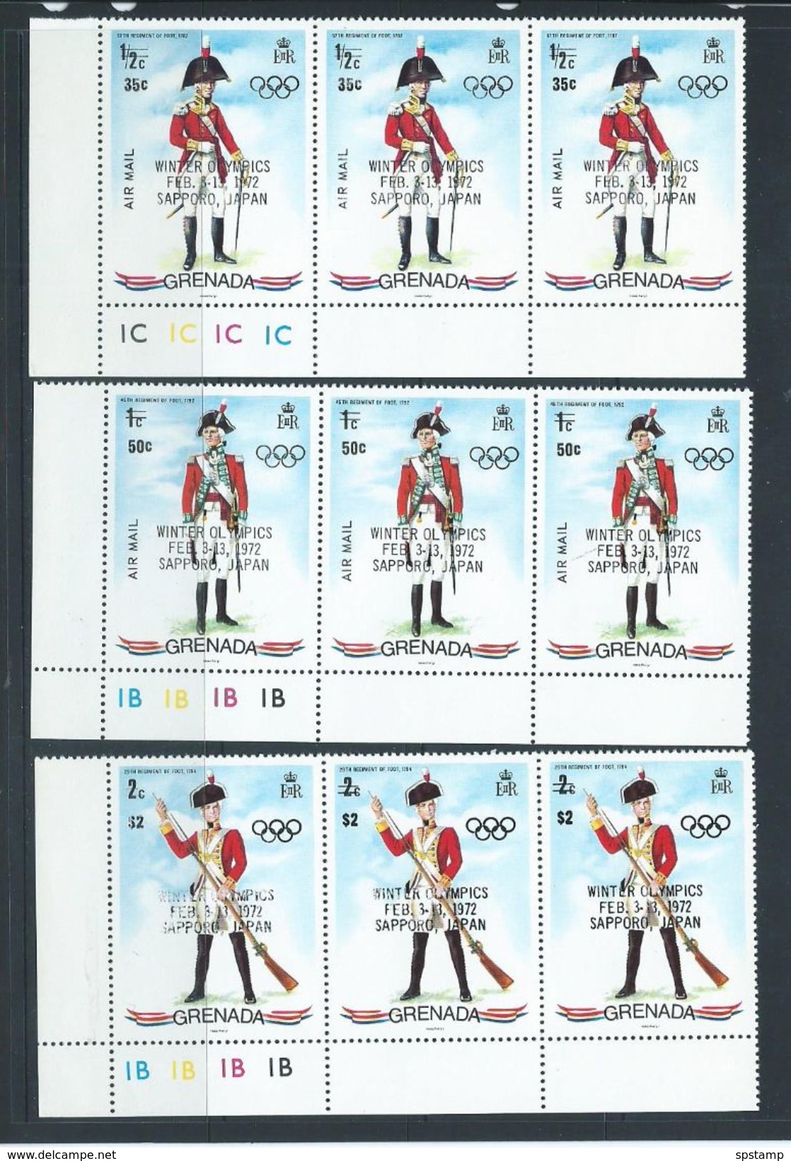 Grenada 1972 Sapporo Olympic Games Overprint On Military Uniform Set Of 3 MNH Plate Number Strips Of 3 - Grenada (...-1974)