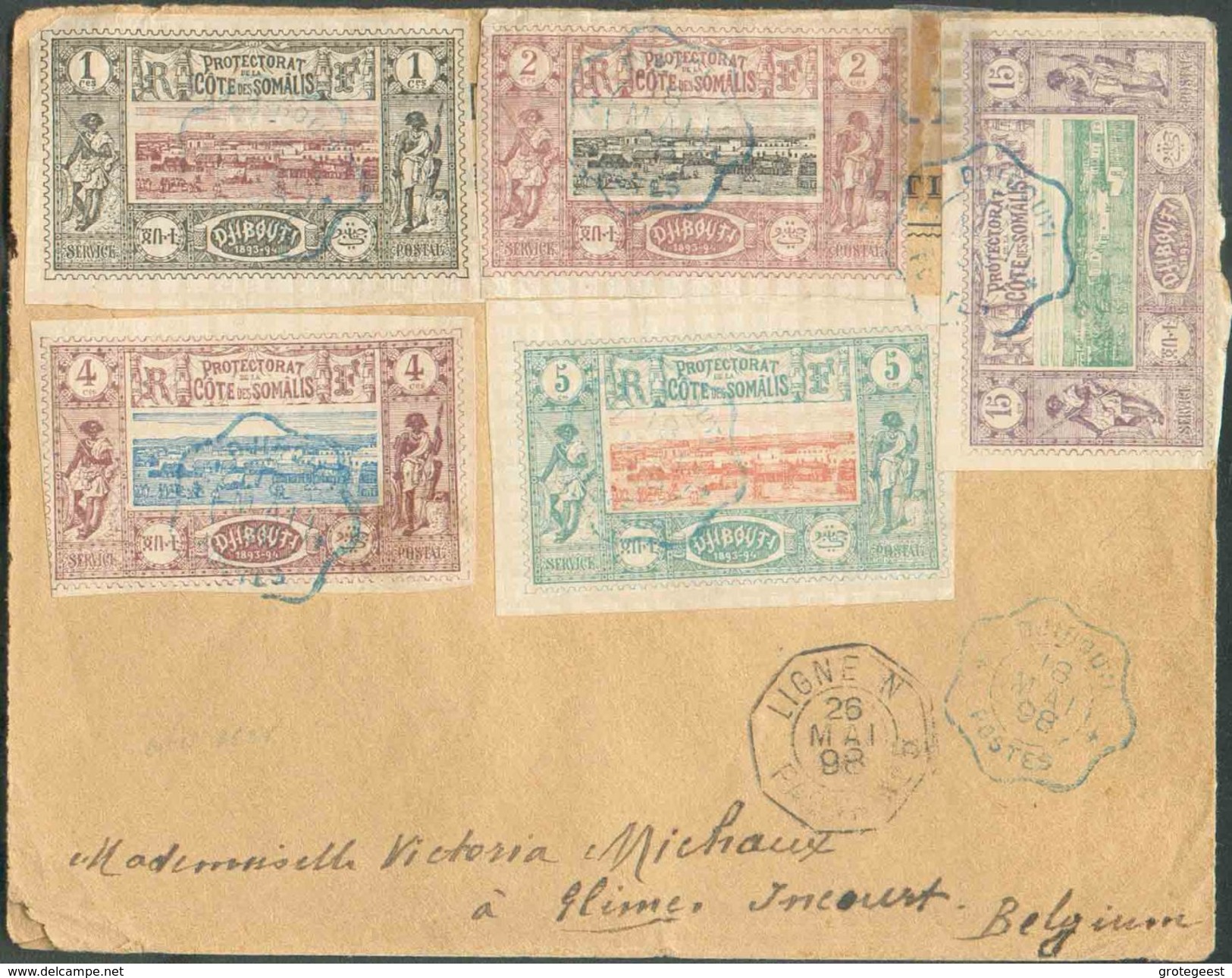 N°6/11 (le 10 Au Verso) Obl. Bleue DJIBOUTI * POSTES Sur Lettre 18 Mai 1898 Vers Incourt (Belgique) + Cachet Octogonal L - Lettres & Documents
