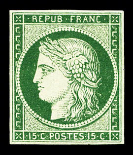 (*) N°2b, 15c Vert-foncé, Quatre Belles Marges Et Très Jolie Couleur, R.R.R (signé Calves/Brun/certificat)   Qualité: (* - 1849-1850 Ceres