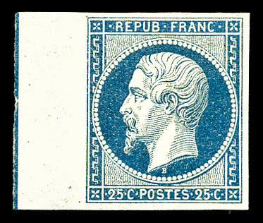 ** N°10b, 25c Bleu Bord De Feuille Avec Filet D'encadrement, SUPERBE. R.R.R (signé Calves/certificat)   Qualité: ** - 1852 Luigi-Napoleone