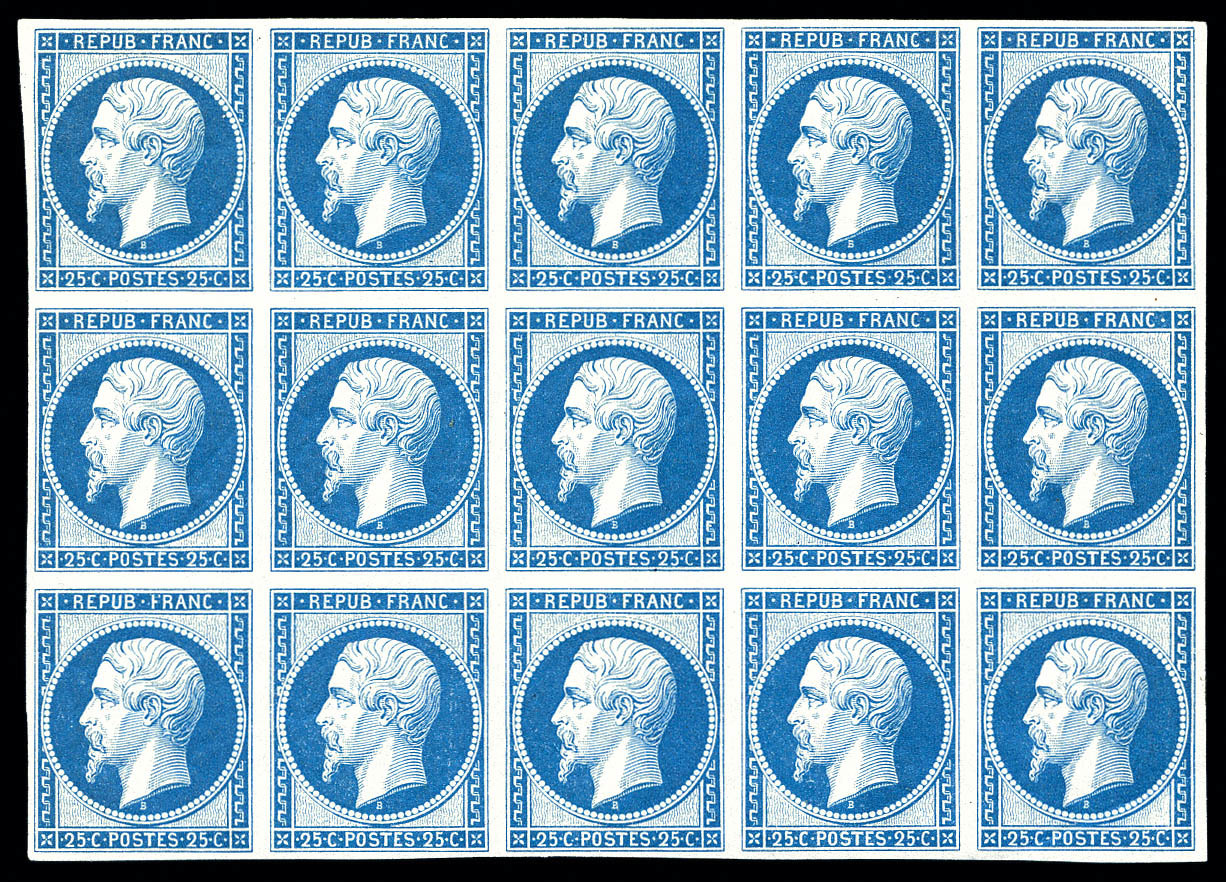 ** N°10c, 25c Bleu, Impression De 1862 En Bloc De 15 Exemplaires (2ex*), Fraîcheur Postale. SUPERBE. R.R. (certificat)   - 1852 Luigi-Napoleone