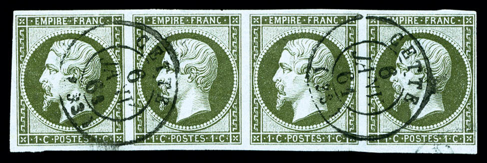 O N°11, 1c Olive En Bande De Quatre Horizontale, Oblitération Cachet à Date CETTE Du 6/1/1861, SUP (certificat)   Qualit - 1853-1860 Napoléon III.