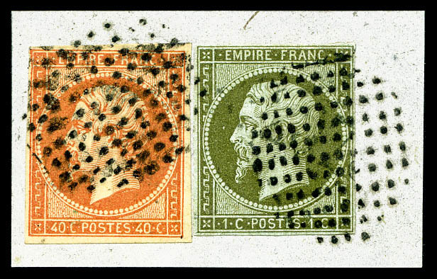 O 1c Olive + 40c Orange (N°16) Obl Cercle De Points Sur Petit Fragment, R.R. (signé Brun/certificat)   Qualité: O - 1853-1860 Napoleon III