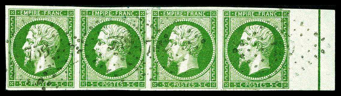 O N°12, 5c Vert-jaune, Bande De Quatre Bord De Feuille Avec Filet D'encadrement. SUPERBE. R.R. (signé Scheller/certifica - 1853-1860 Napoléon III