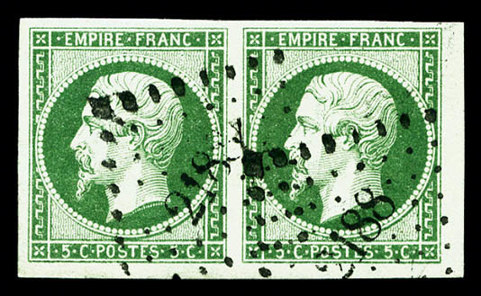 O N°12c, 5c Vert Foncé Sur Vert En Paire Horizontale, Pièce Choisie, TTB (certificat)   Qualité: O - 1853-1860 Napoleon III