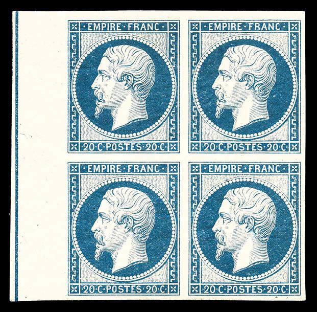 ** N°14Ai, 20c Bleu Laiteux En Bloc De Quatre (1ex*) Bord De Feuille Latéral Avec Filet D'encadrement, SUPERBE (certific - 1853-1860 Napoléon III.