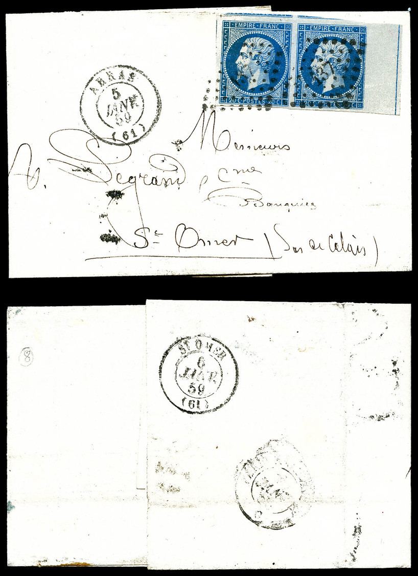 O N°14Ai, 20c Bleu En Paire Bdf Avec Filet D'encadrement Obl PC, C 15, 1889. SUP (certificat)   Qualité: O - 1853-1860 Napoléon III.