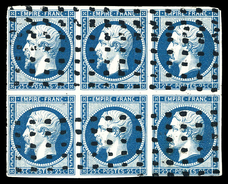 O N°15, 25c Bleu, Bloc De 6 Obl Gros Points Carrés (filet Angle NE à Peine Effleuré). SUP. R. (signé Brun/certificat)    - 1853-1860 Napoléon III.