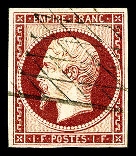 O N°18a, 1F Carmin Foncé, Obl Grille Sans Fin, R.R. SUPERBE (signé Brun/certificat)   Qualité: O   Cote: 4700 Euros - 1853-1860 Napoléon III.