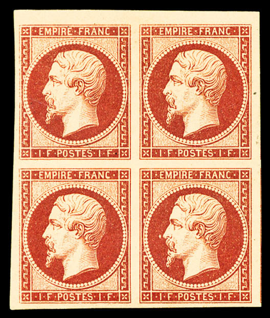 ** N°18d, 1F Carmin Impression De 1862 En Bloc De Quatre Bord De Feuille (2ex*), Grandes Marges, Fraîcheur Postale, SUPE - 1853-1860 Napoleone III