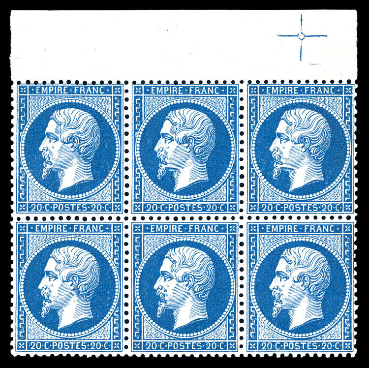 ** N°22, 20c Bleu En Bloc De Six Bord De Feuille Avec Croix De Repère (1ex*), Fraîcheur Postale, Très Bon Centrage. SUP. - 1862 Napoleone III