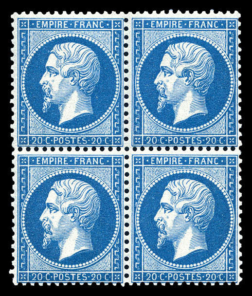 ** N°22, 20c Bleu En Bloc De Quatre (1ex*), Fraîcheur Postale. SUP (signé Brun/certificats)   Qualité: ** - 1862 Napoleone III