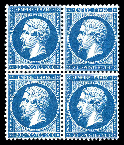 ** N°22a, 20c Bleu Foncé En Bloc De Quatre (1ex* Quasi**), Fraîcheur Postale. SUP (signé Brun/certificat)   Qualité: ** - 1862 Napoléon III.