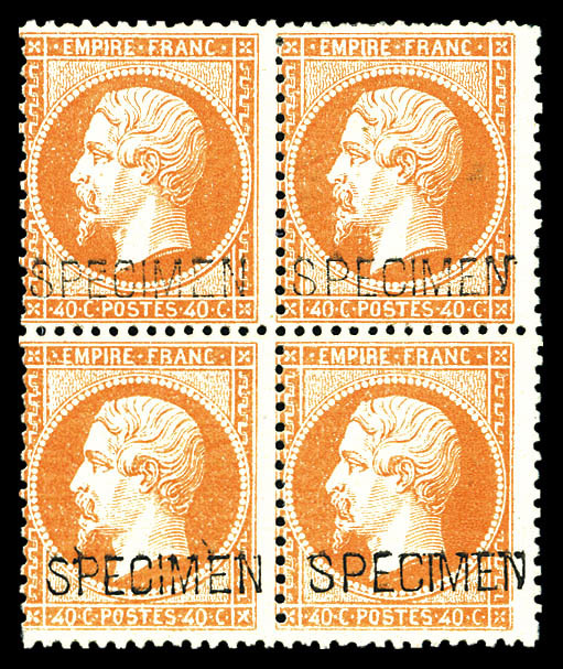 ** N°23d, 40c Orange Surchargé 'SPECIMEN' En Bloc De Quatre (2ex*), Fraîcheur Postale, TTB (certificat)   Qualité: ** - 1862 Napoléon III.