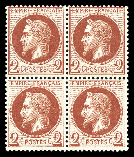 ** N°26A, 2c Rouge-brun Clair Type I En Bloc De Quatre. TTB (certificat)   Qualité: ** - 1863-1870 Napoleone III Con Gli Allori