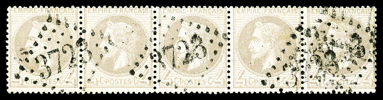 O N°27Ab, 4c Gris-lilas En Bande De Cinq Horizontale, TTB (signé/certificat)   Qualité: O   Cote: 615 Euros - 1863-1870 Napoléon III Con Laureles