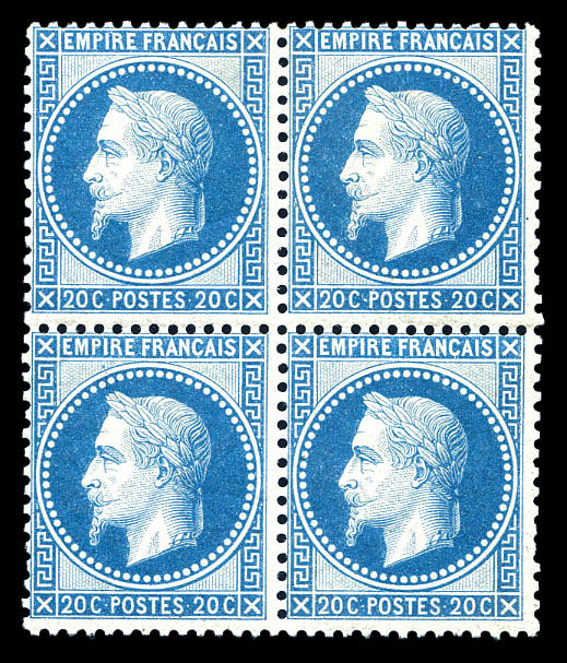 ** N°29A, 20c Bleu Type I En Bloc De Quatre (2ex*), Fraîcheur Postale. SUP (signé Brun/certificats)   Qualité: ** - 1863-1870 Napoleone III Con Gli Allori