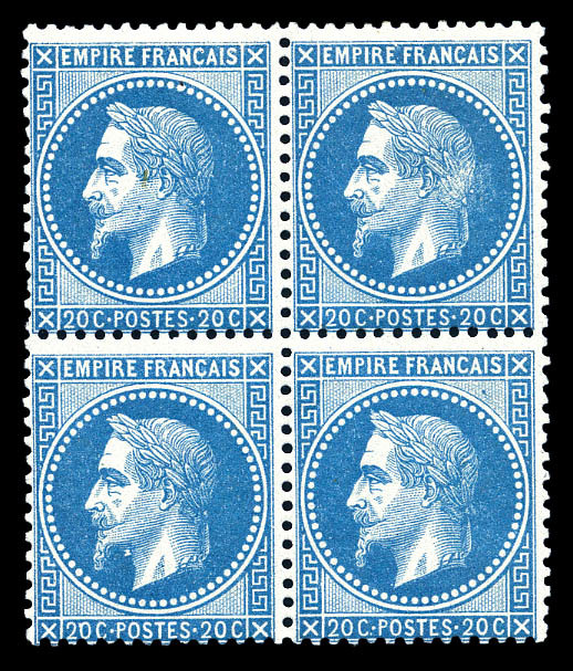 ** N°29B, 20c Bleu Type II En Bloc De Quatre (2ex*), Frais. TTB (signé Brun/certificats)   Qualité: ** - 1863-1870 Napoléon III Lauré