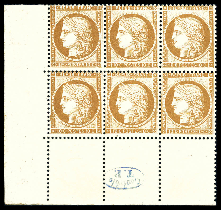 ** N°36, 10c Bistre-jaune, Bloc De Six Coin De Feuille Avec Cachet De Contrôle 'TP', Fraîcheur Postale. SUP (certificat) - 1870 Siege Of Paris