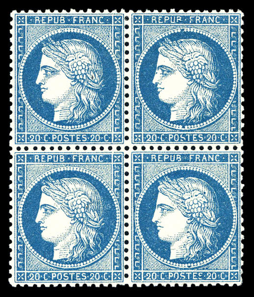 ** N°37, 20c Bleu, Bloc De Quatre (2ex*), Bon Centrage, Frais. TB (certificat)   Qualité: ** - 1870 Beleg Van Parijs