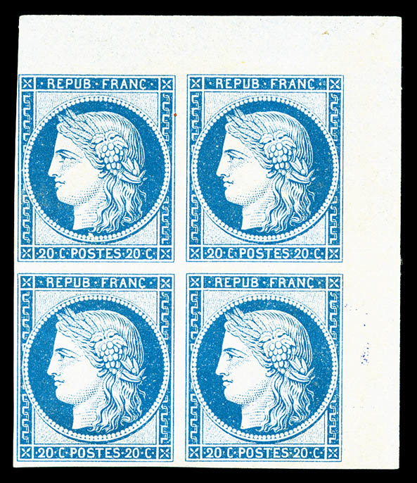 * N°37f, 20c Bleu IMPRESSION DE GRANET Non Dentelé En Bloc De Quatre Coin De Feuille, SUPERBE (certificat)    Qualité: * - 1870 Siège De Paris