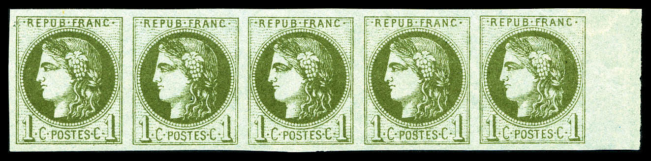 ** N°39A, 1c Olive Report 1, Bde De 5 Bord De Feuille, Fraîcheur Postale, SUP (certificat)   Qualité: ** - 1870 Ausgabe Bordeaux