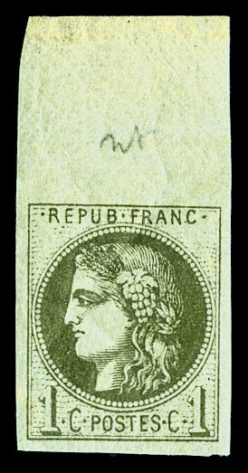 ** N°39Ab, 1c Olive Foncé Report I (1er ètat), Bord De Feuille, TTB (certificat)   Qualité: ** - 1870 Bordeaux Printing