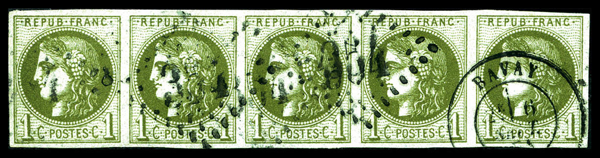 O N°39C, 1c Olive Report 3, Bande De Cinq. TTB (signé Calves/certificat)   Qualité: O   Cote: 1100 Euros - 1870 Ausgabe Bordeaux
