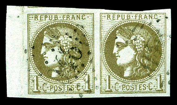 O N°39Cc, 1c Olive-bronze Rep 3 En Paire Bord De Feuille Latéral, Très Jolie Couleur, TTB (certificat)   Qualité: O   Co - 1870 Bordeaux Printing